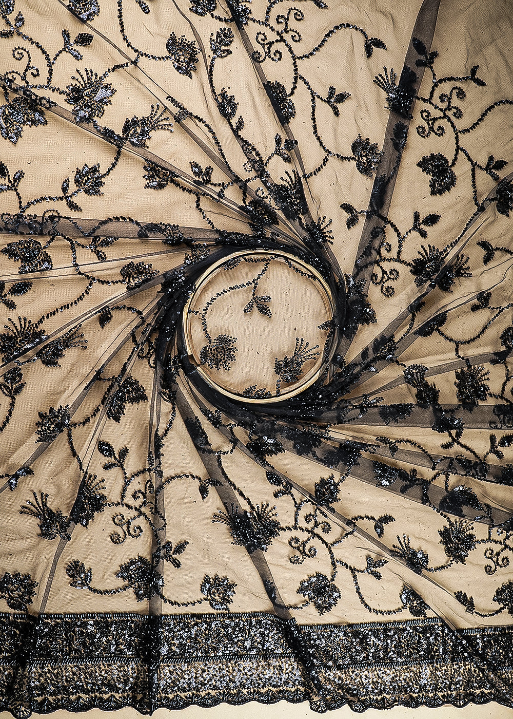 Black Imported Net Fabric With All Over Katdana, Bead And Sequins Work With One Side Scalloped Border 22033