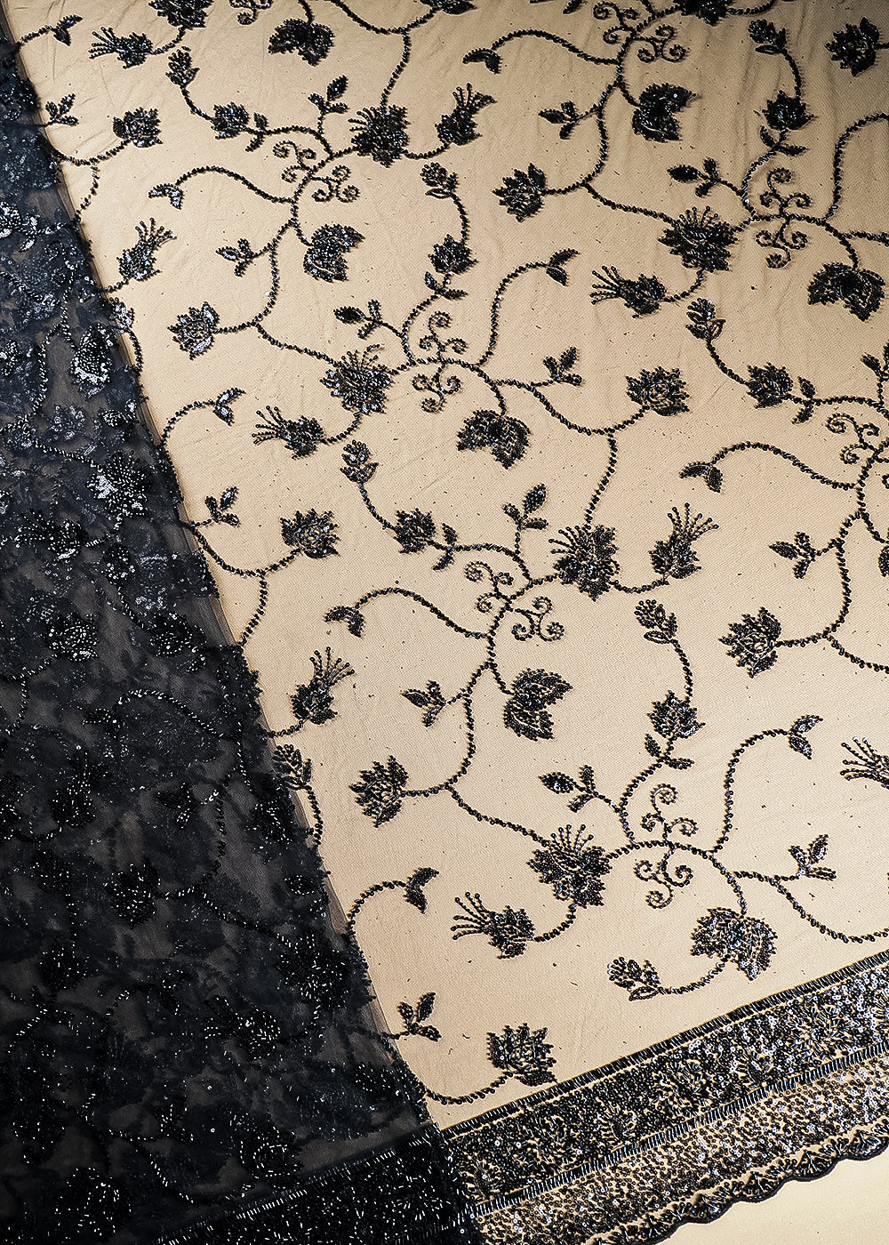 Black Imported Net Fabric With All Over Katdana, Bead And Sequins Work With One Side Scalloped Border 22033