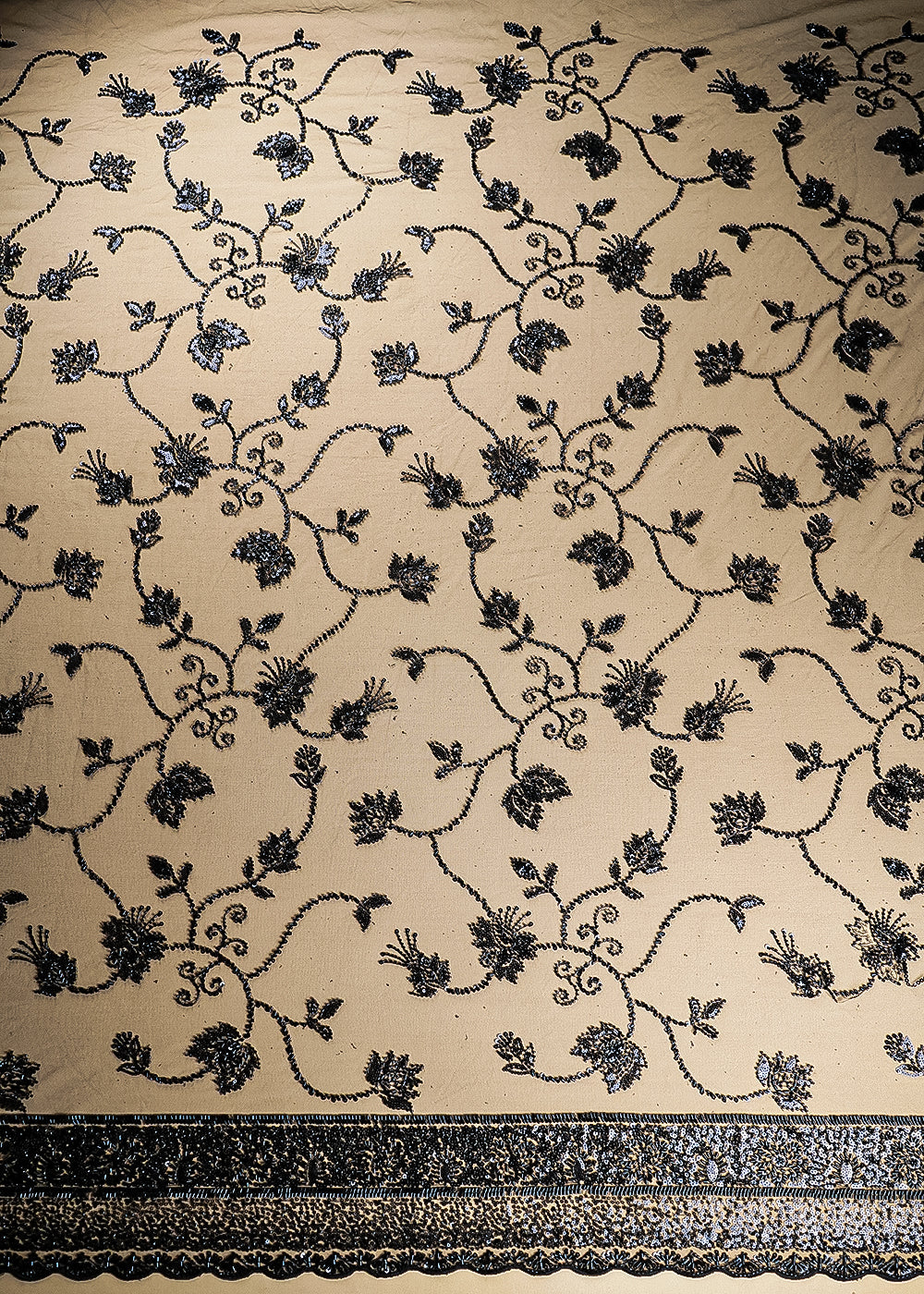 Black Imported Net Fabric With All Over Katdana, Bead And Sequins Work With One Side Scalloped Border 22033