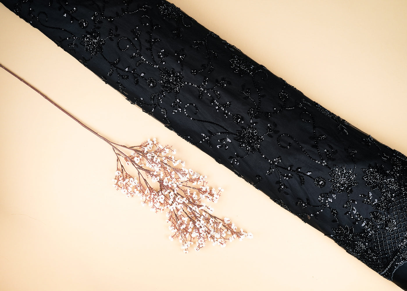 Black Imported Net Fabric With All Over Katdana, Bead And Sequins Work With One Side Scalloped Border 22035