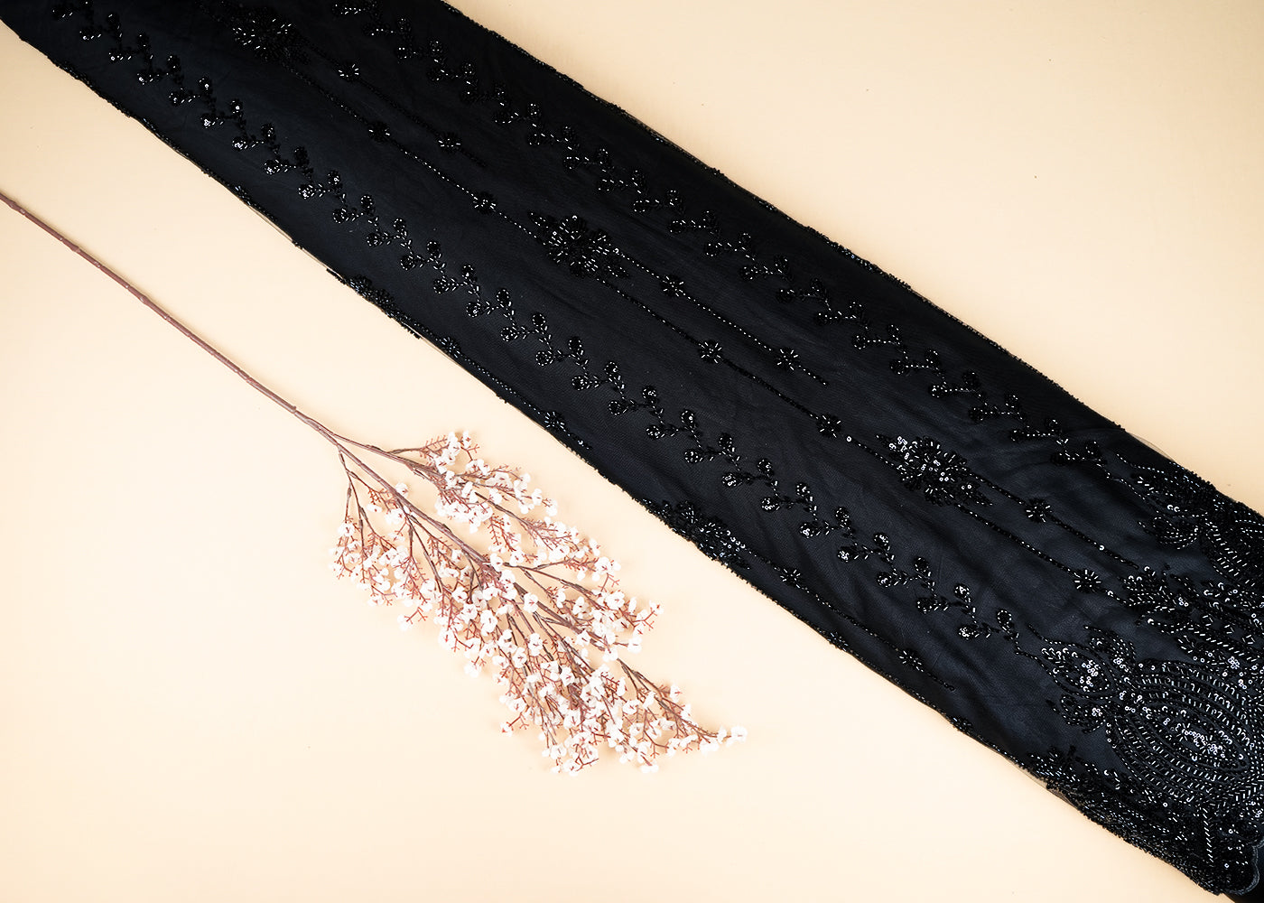 Black Imported Net Fabric With All Over Katdana, Bead And Sequins Work With One Side Scalloped Border 22037