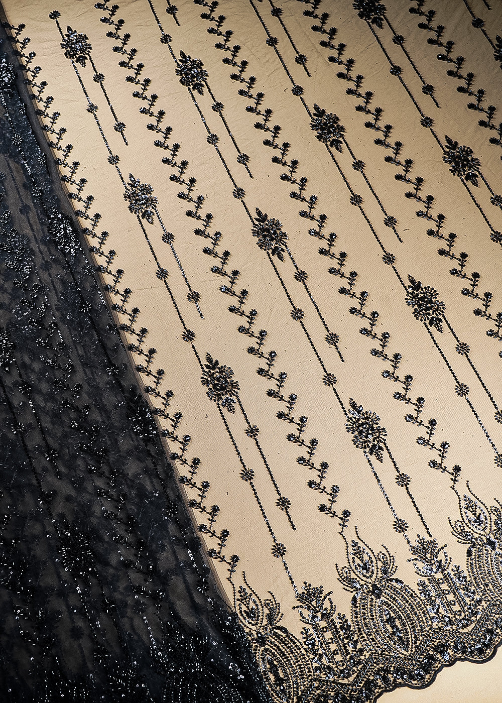 Black Imported Net Fabric With All Over Katdana, Bead And Sequins Work With One Side Scalloped Border 22037