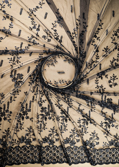 Black Imported Net Fabric With All Over Katdana, Bead And Sequins Work With One Side Scalloped Border 22038