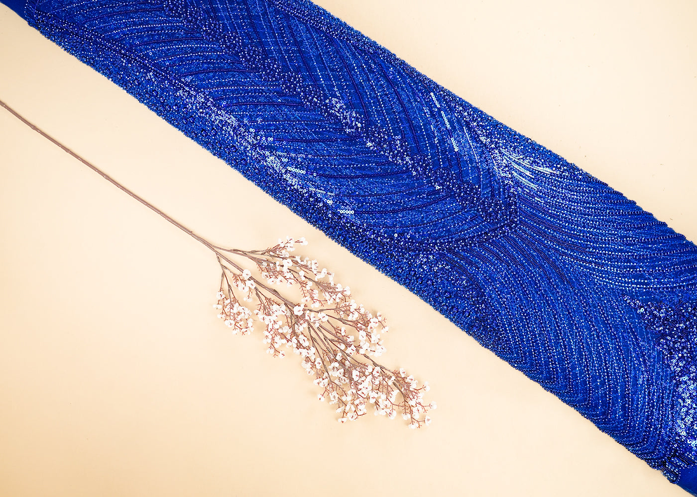 Royal Blue Imported Net Fabric With All Over Katdana, Sequins And Bead Work With Two Side Scalloped Edges 22040