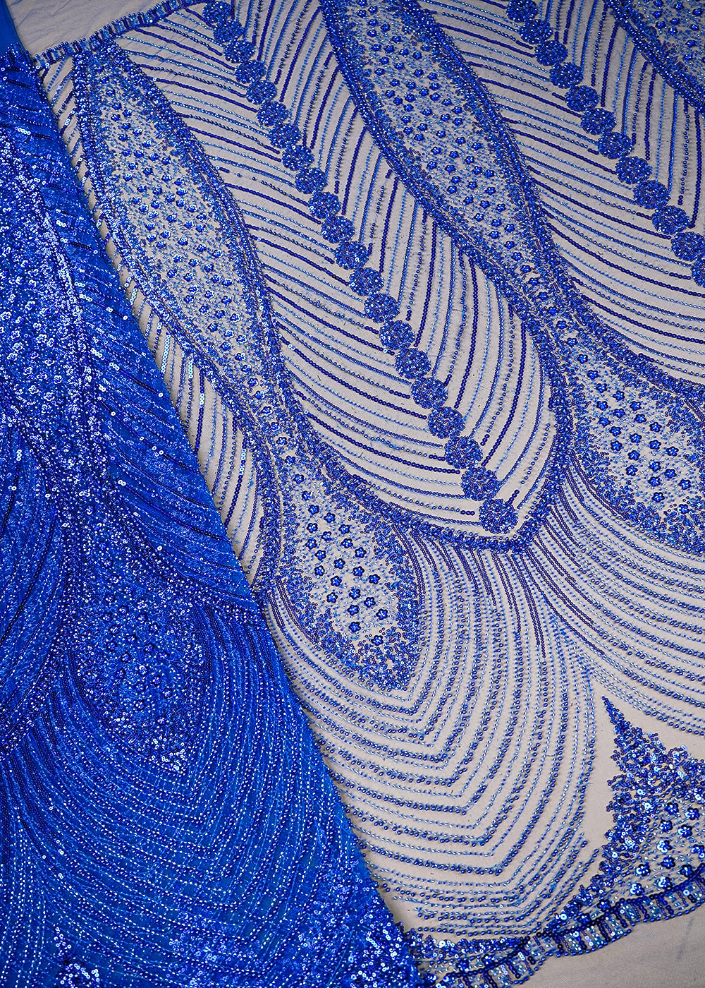 Royal Blue Imported Net Fabric With All Over Katdana, Sequins And Bead Work With Two Side Scalloped Edges 22040