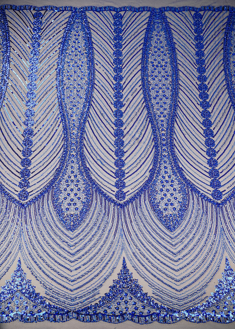 Royal Blue Imported Net Fabric With All Over Katdana, Sequins And Bead Work With Two Side Scalloped Edges 22040