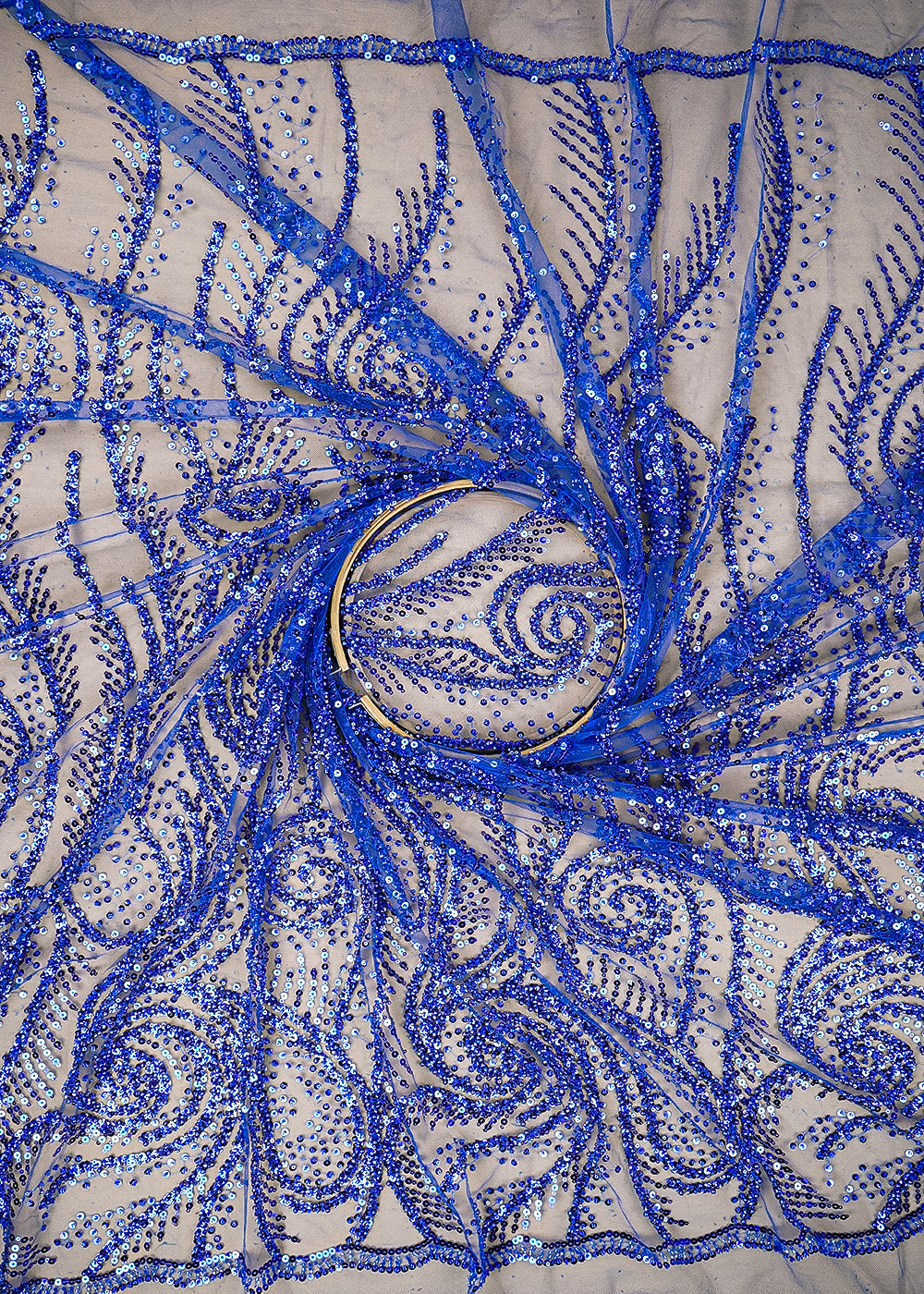 Royal Blue Imported Net Fabric With All Over Katdana, Sequins And Bead Work With Two Side Scalloped Edges 22045