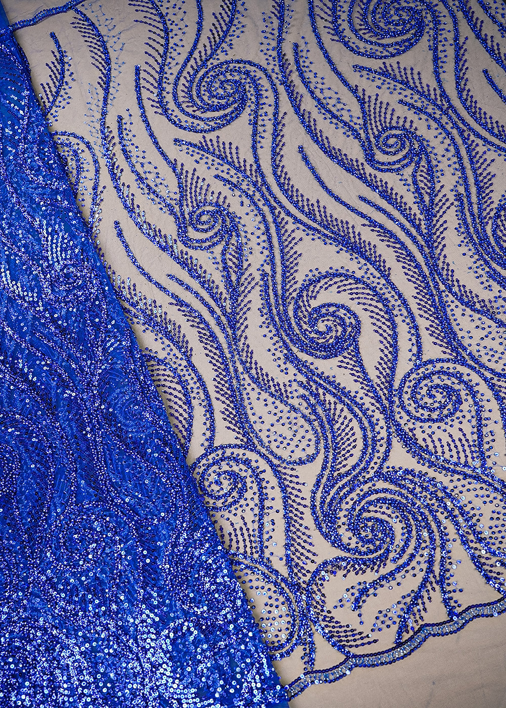 Royal Blue Imported Net Fabric With All Over Katdana, Sequins And Bead Work With Two Side Scalloped Edges 22045