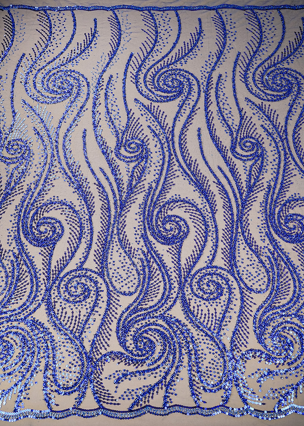 Royal Blue Imported Net Fabric With All Over Katdana, Sequins And Bead Work With Two Side Scalloped Edges 22045