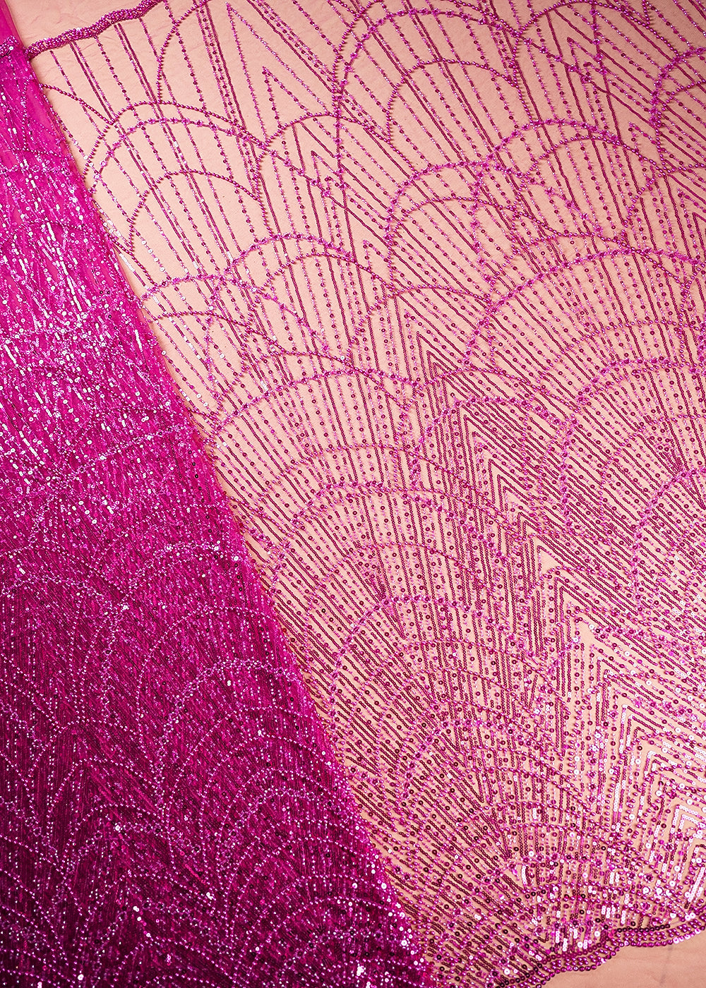Magenta Imported Net Fabric With All Over Beads And Sequins Work With Two Side Scalloped Edges 22049