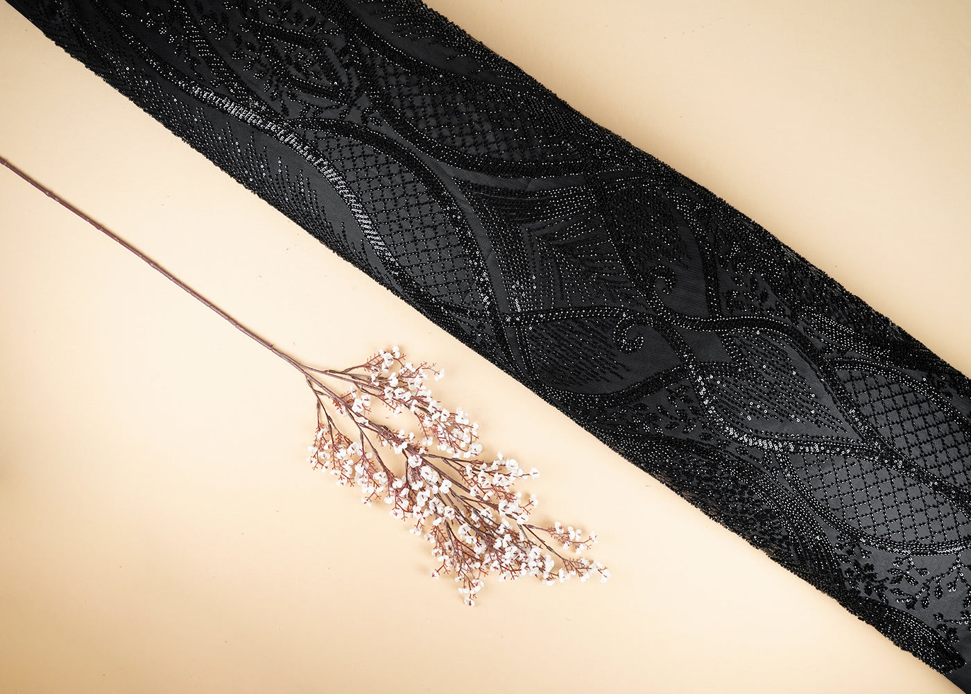 Black Imported Net Fabric With All Over Sequins And Bead Work With One Side Scalloped Border 22050