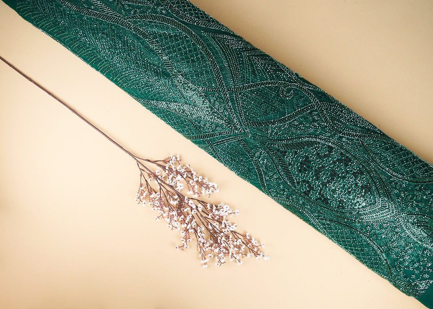 Bottle Green Imported Net Fabric With All Over Sequins And Bead Work With One Side Scalloped Border 22051