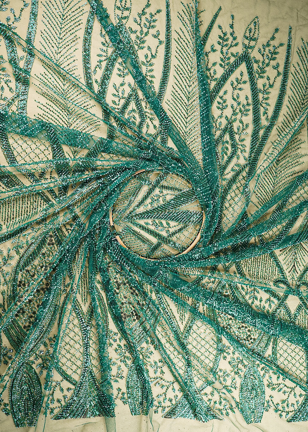 Bottle Green Imported Net Fabric With All Over Sequins And Bead Work With One Side Scalloped Border 22051