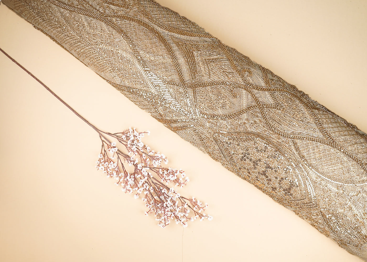 Golden Imported Net Fabric With All Over Sequins And Bead Work With One Side Scalloped Border 22052