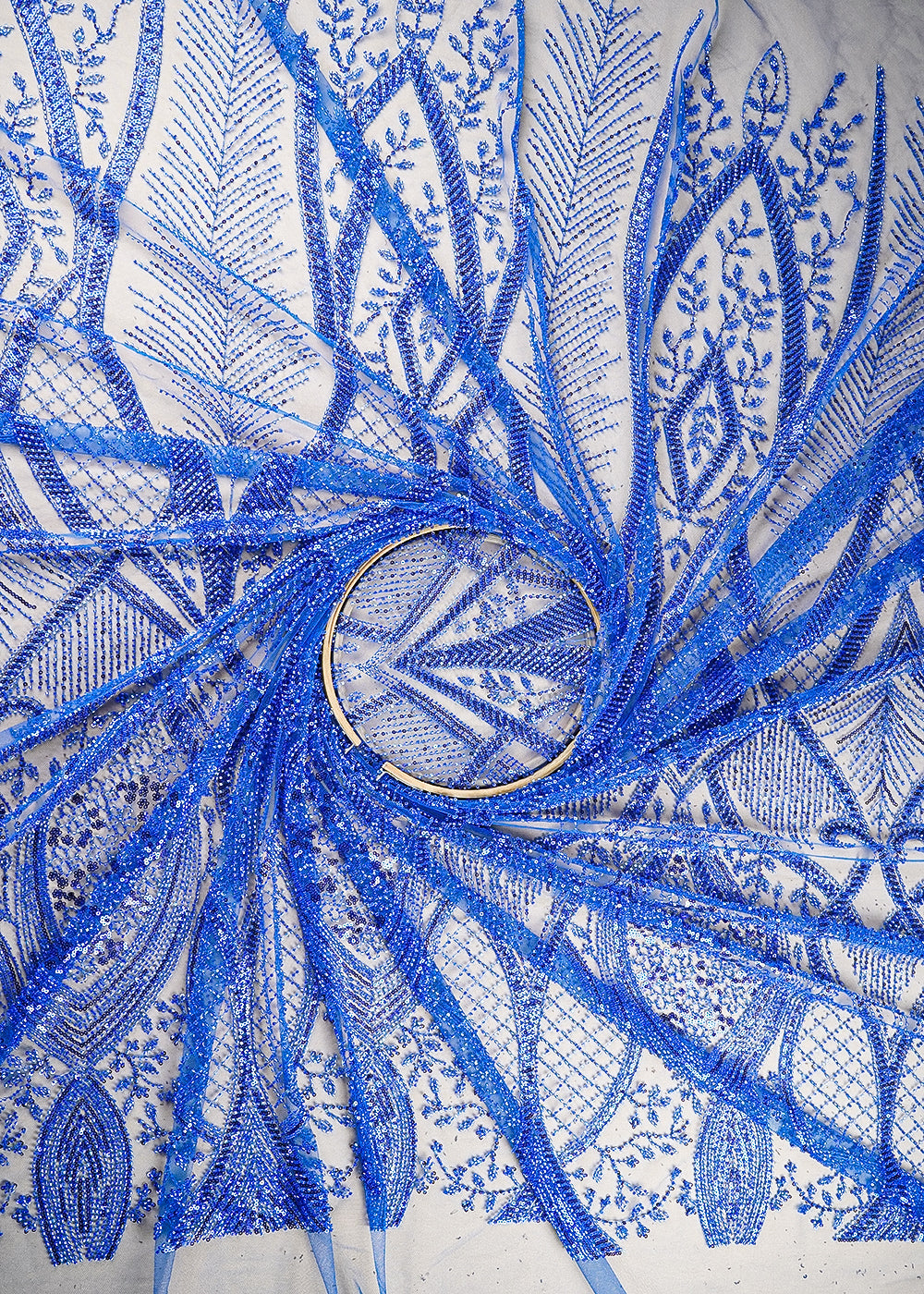 Royal Blue Imported Net Fabric With All Over Sequins And Bead Work With One Side Scalloped Border 22053