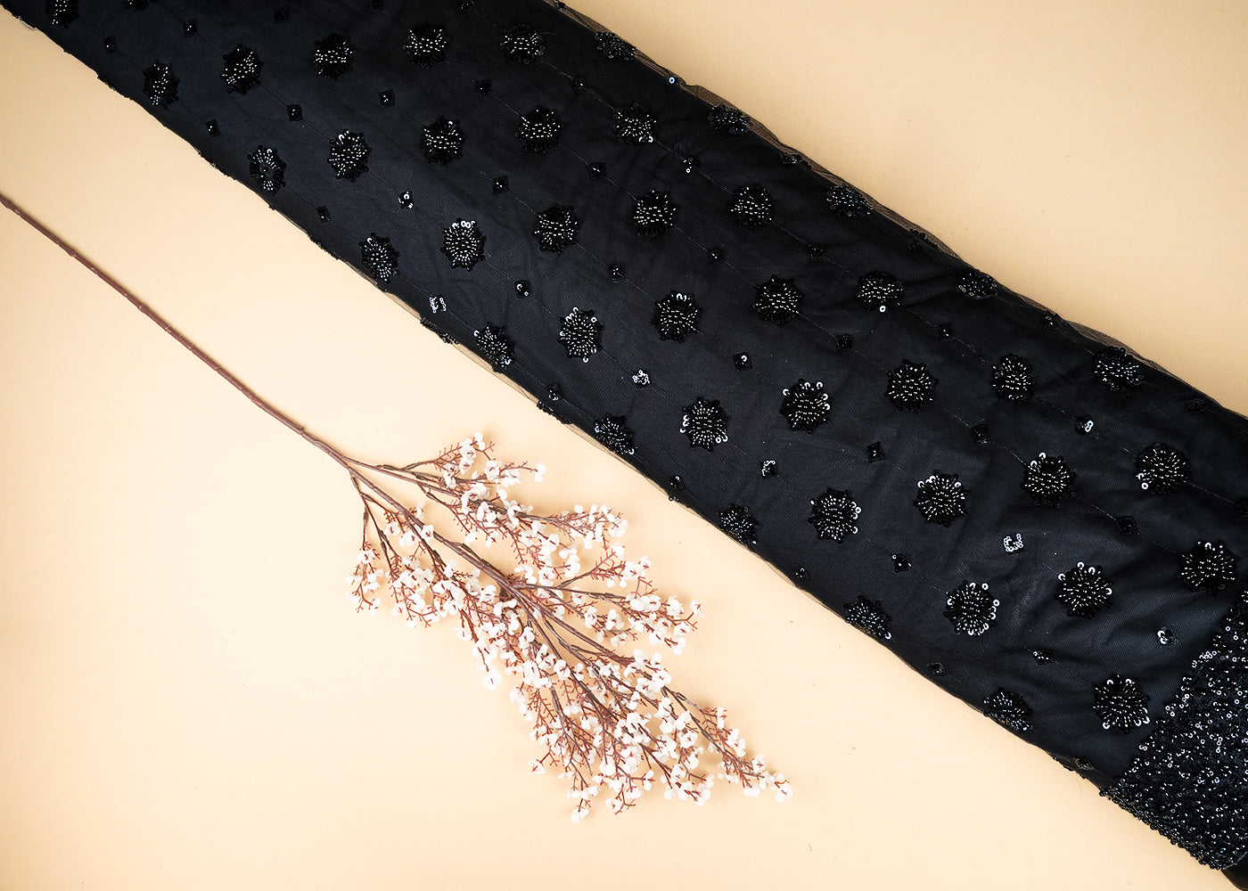 Black Imported Net Fabric With All Over Katdana, Bead And Sequins Work With One Side Scalloped Border 22054