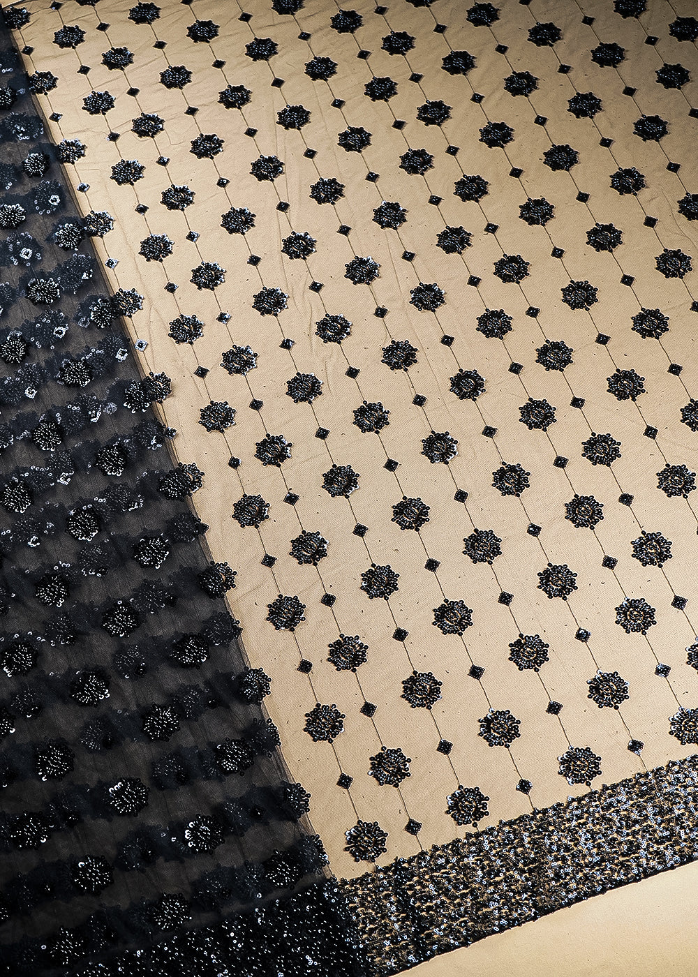 Black Imported Net Fabric With All Over Katdana, Bead And Sequins Work With One Side Scalloped Border 22054