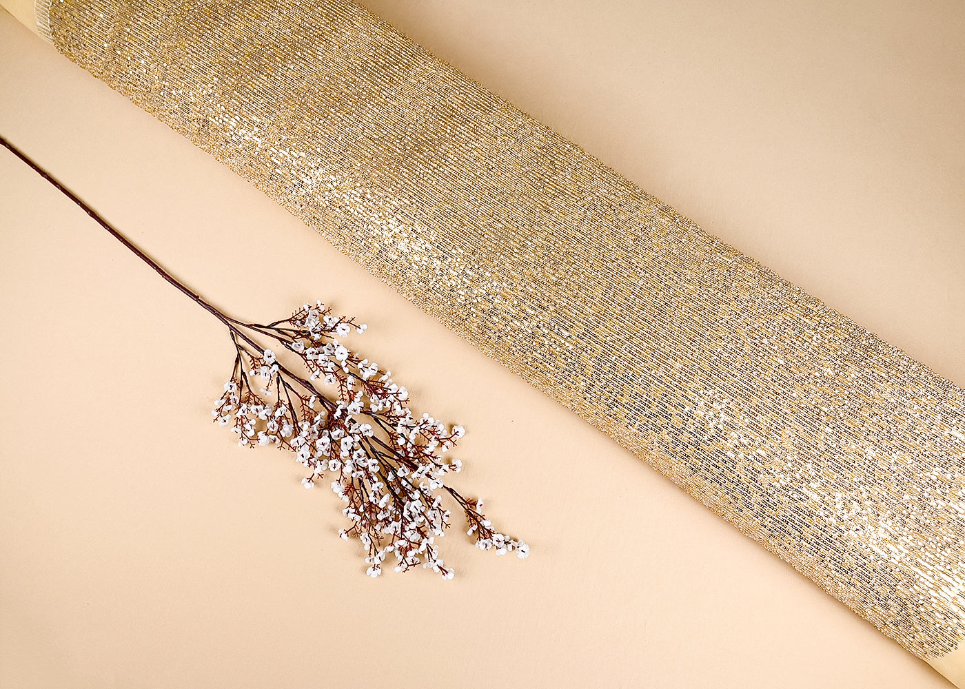 Light Golden Imported Net Fabric With All Over Bead And Sequins Work 22059