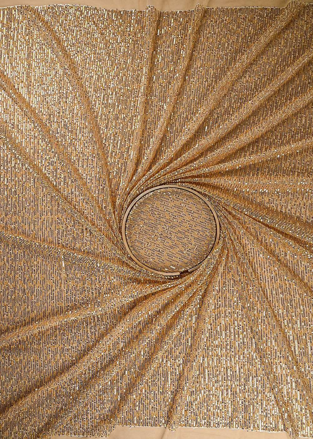 Light Golden Imported Net Fabric With All Over Bead And Sequins Work 22059