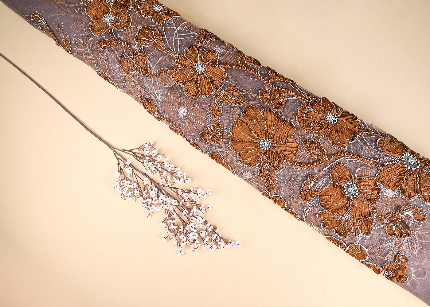 Brown Imported Net Fabric With All Over Katdana, Bead, Sequins And Ribbon Work 22066