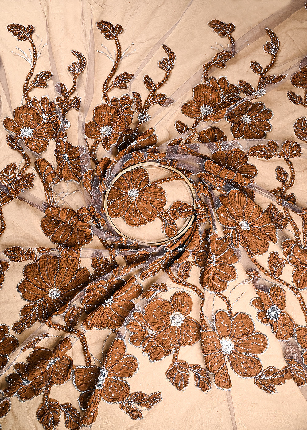 Brown Imported Net Fabric With All Over Katdana, Bead, Sequins And Ribbon Work 22066