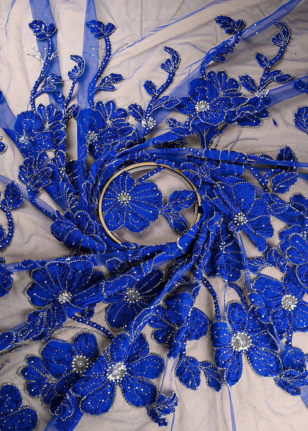 Royal Blue Imported Net Fabric With All Over Katdana, Bead, Sequins And Ribbon Work 22067
