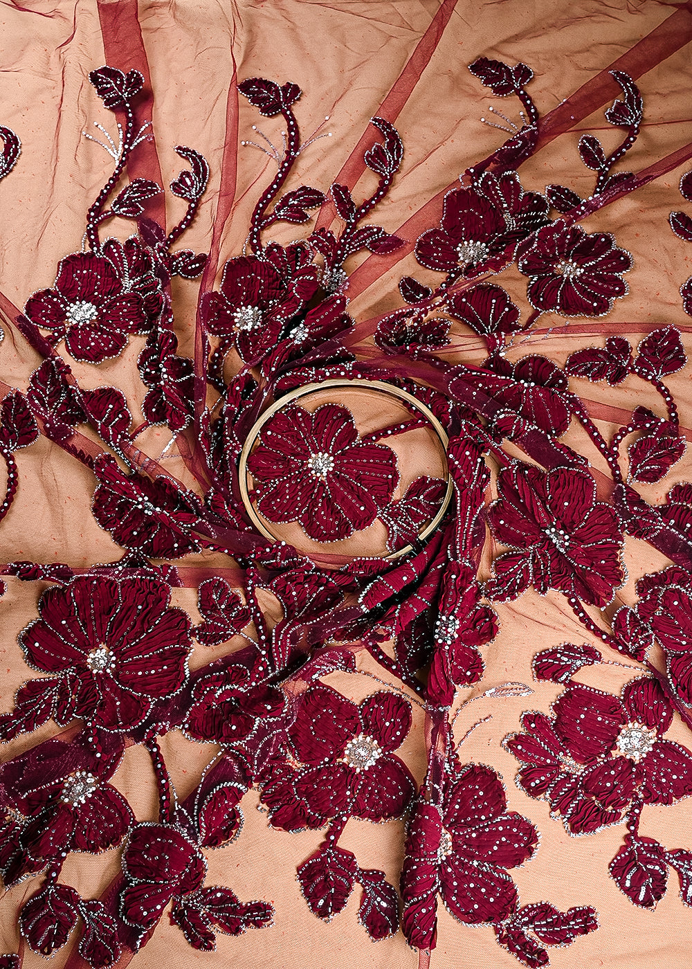 Maroon Imported Net Fabric With All Over Katdana, Bead, Sequins And Ribbon Work 22068