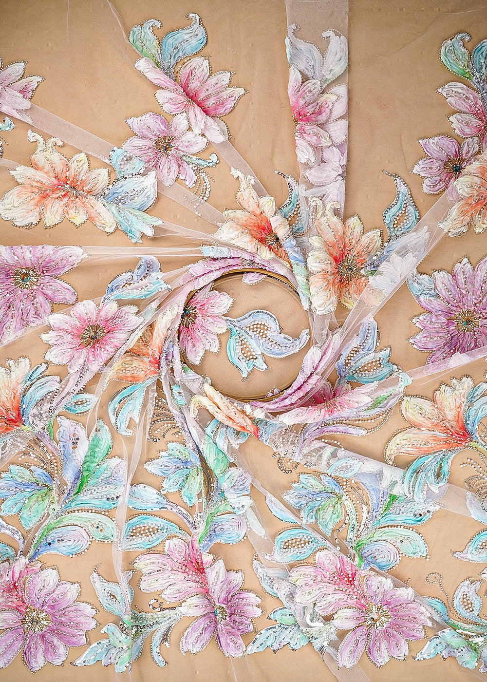 Baby Pink Imported Net Fabric With All Over Sequins, Beads, Pearl And Ribbon Work 22075