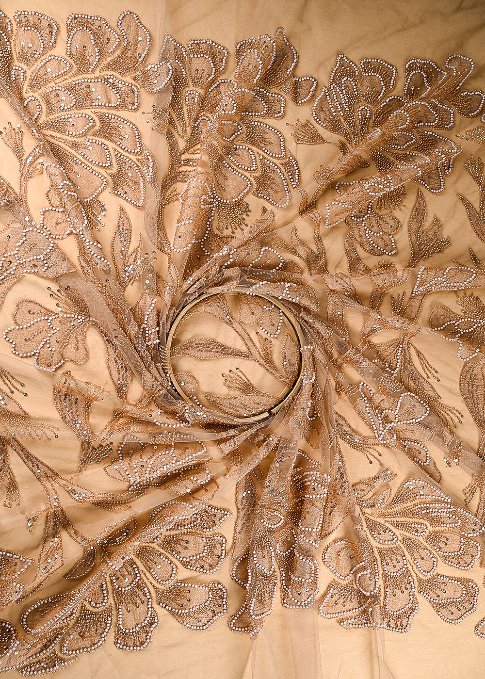 Beige Imported Net Fabric With All Over Bead, Sequins And Patch Work 22076