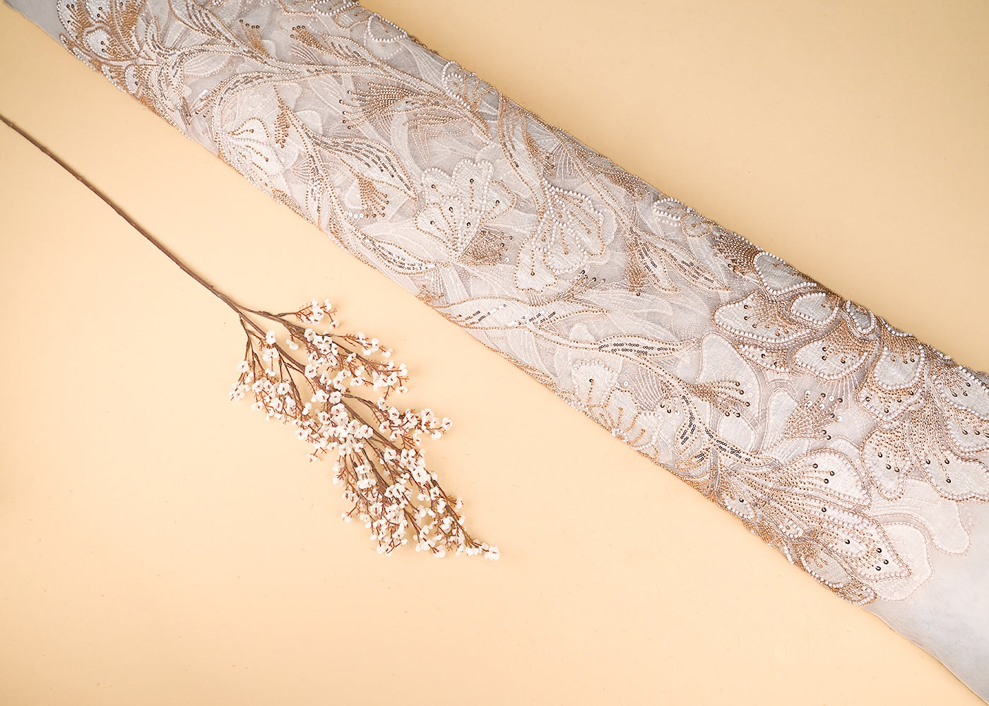 White Imported Net Fabric With All Over Bead, Sequins And Patch Work 22077