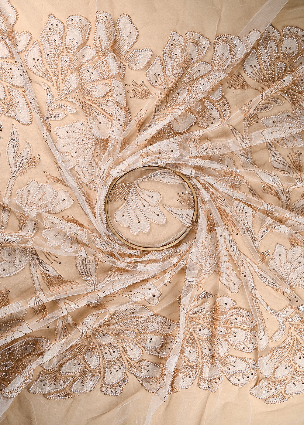 White Imported Net Fabric With All Over Bead, Sequins And Patch Work 22077