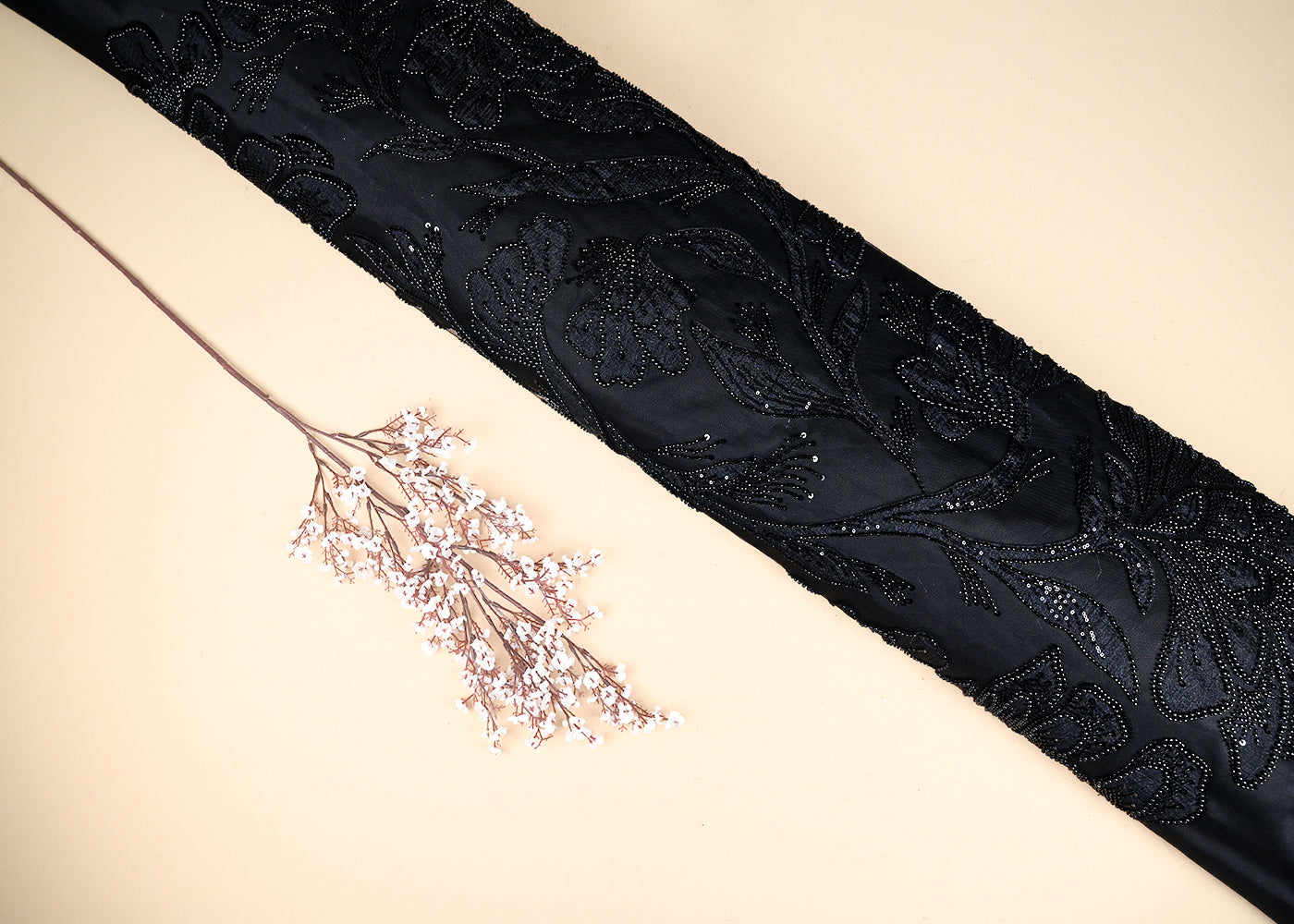 Black Imported Net Fabric With All Over Bead, Sequins And Patch Work 22078