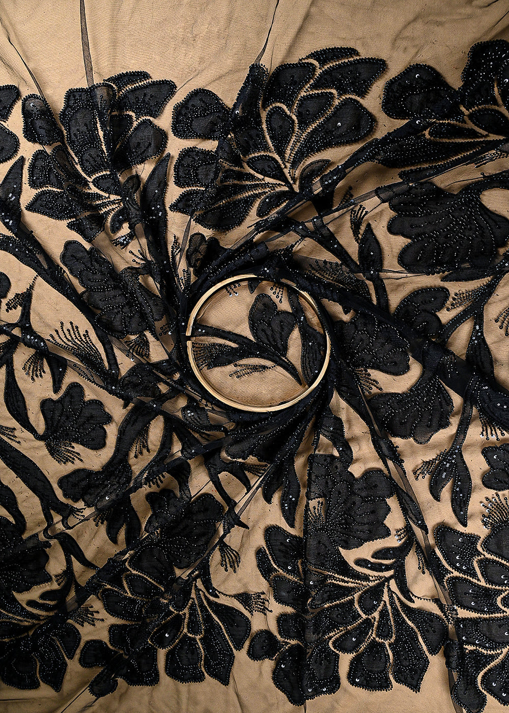 Black Imported Net Fabric With All Over Bead, Sequins And Patch Work 22078
