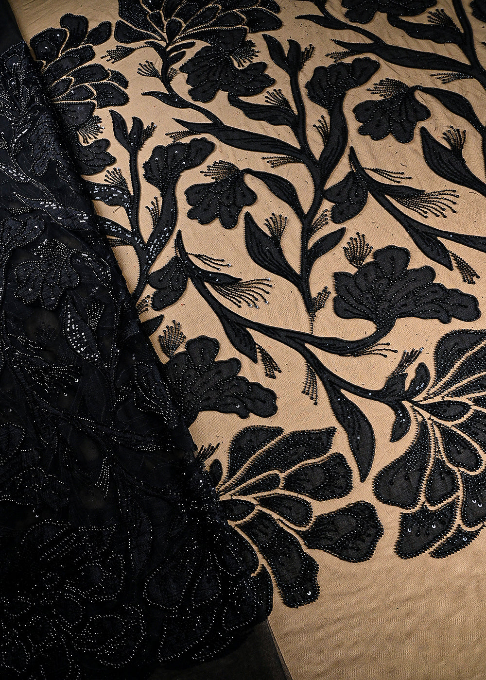 Black-Imported-Net-Fabric-With-All-Over-Bead,-Sequins-And-Patch-Work-22078-fabric-view