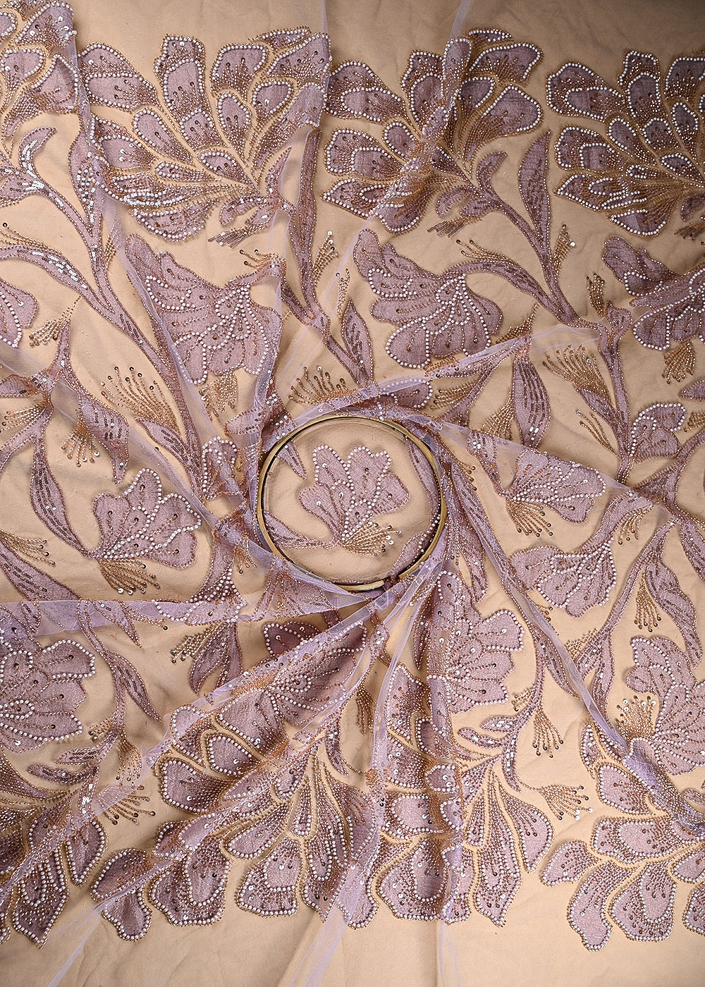 Lavender Imported Net Fabric With All Over Bead, Sequins And Patch Work 22079