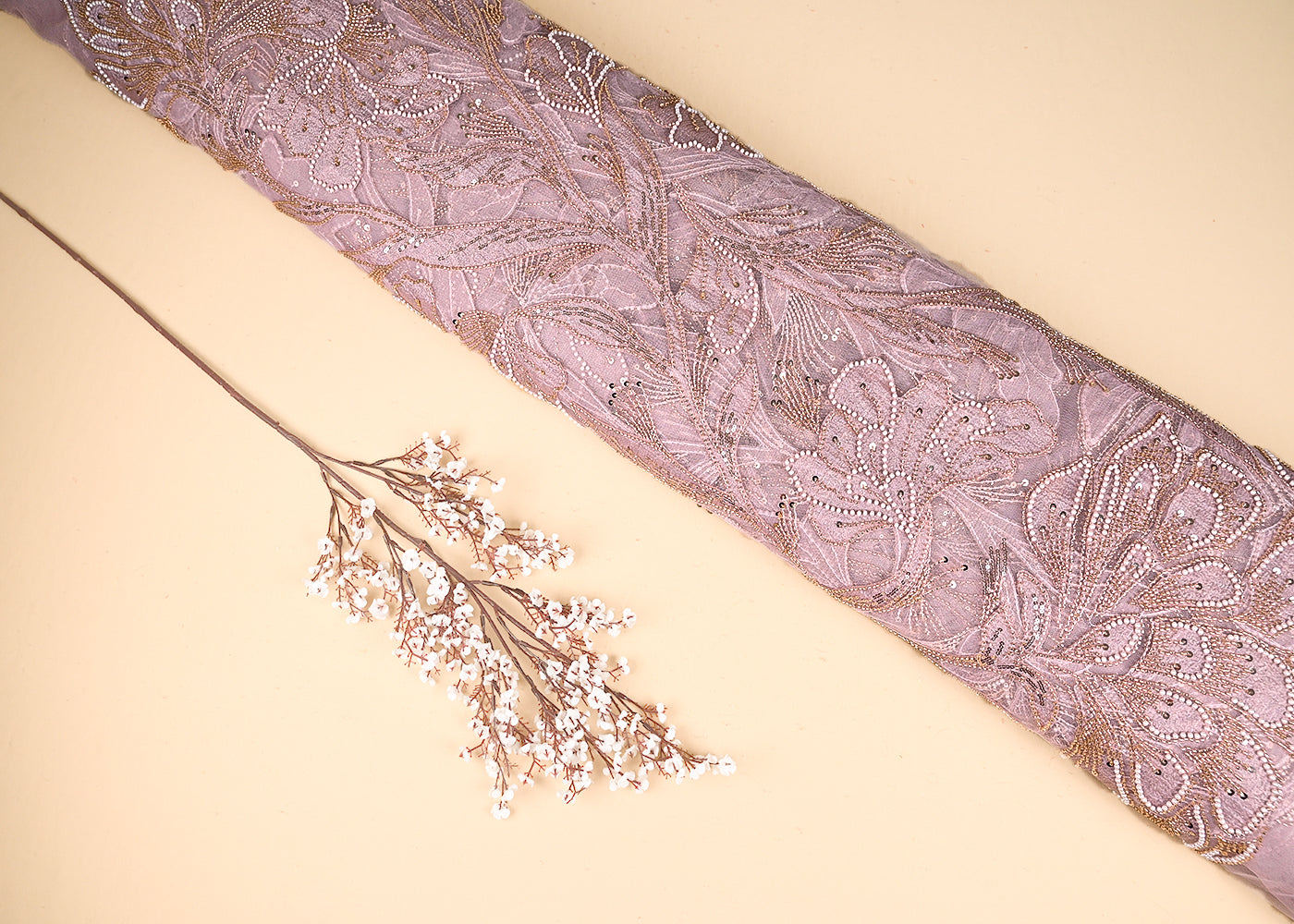 Dusty Pink Imported Net Fabric With All Over Bead, Sequins And Patch Work 22080