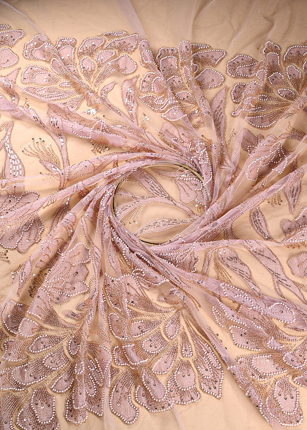 Dusty Pink Imported Net Fabric With All Over Bead, Sequins And Patch Work 22080