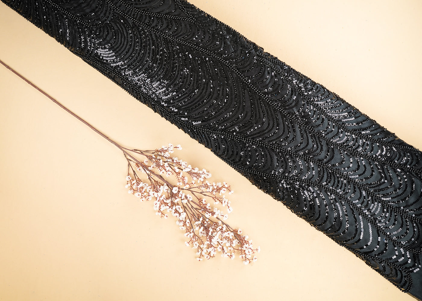 Black Imported Net Fabric With All Over Katdana, Sequins And Bead Work 22082