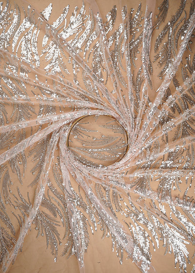 Peach Imported Net Fabric With All Over Sequins And Beads Work 22084
