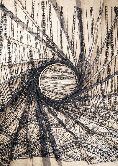 Black Imported Net Fabric With All Over Sequins And Beads Work With One Side Border 22092