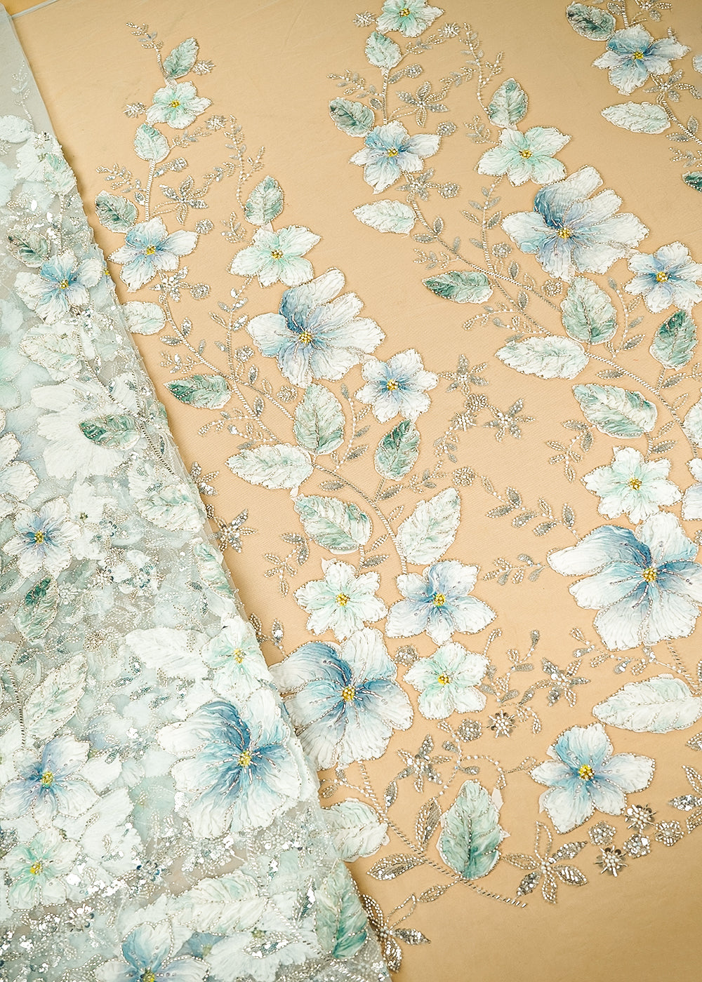 Sky Blue Imported Net Fabric With All Over Sequins, Bead, Katdana And Ribbon Work 22101