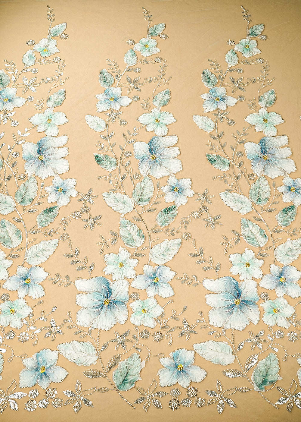 Sky Blue Imported Net Fabric With All Over Sequins, Bead, Katdana And Ribbon Work 22101