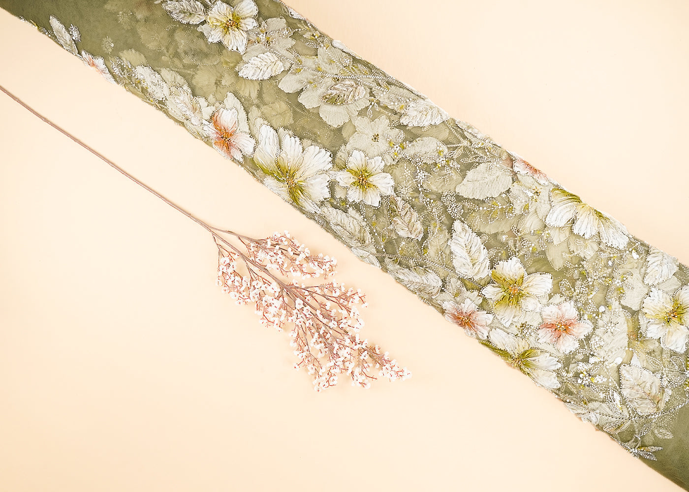 Mehendi Green Imported Net Fabric With All Over Katdana, Sequins, Bead And Ribbon Work 22102