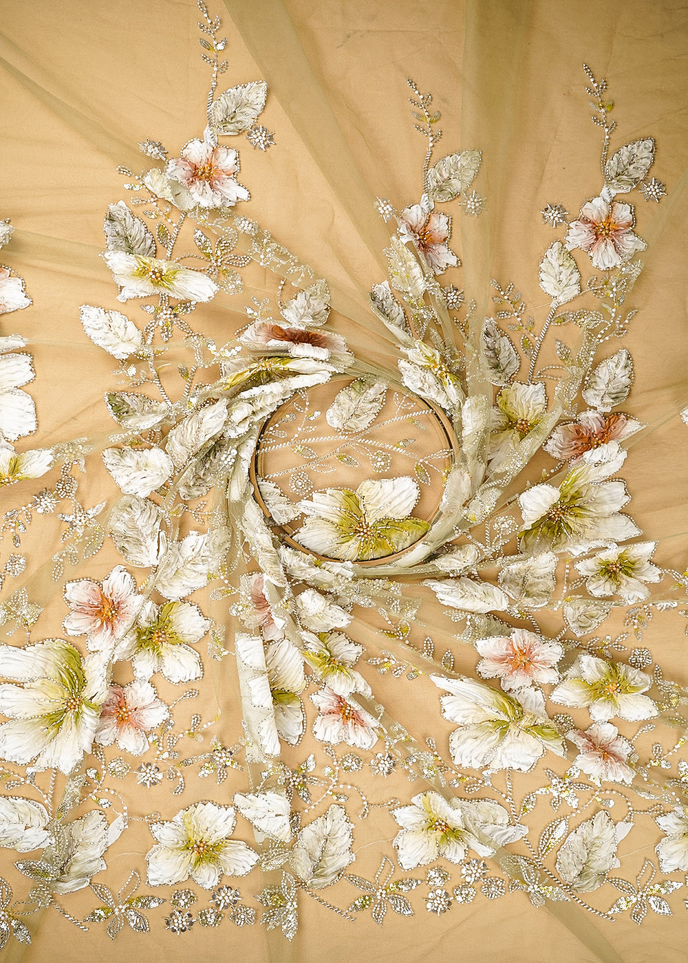 Mehendi Green Imported Net Fabric With All Over Katdana, Sequins, Bead And Ribbon Work 22102