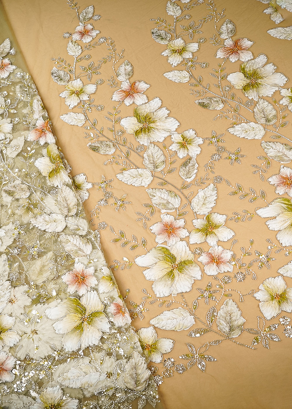 Mehendi Green Imported Net Fabric With All Over Katdana, Sequins, Bead And Ribbon Work 22102