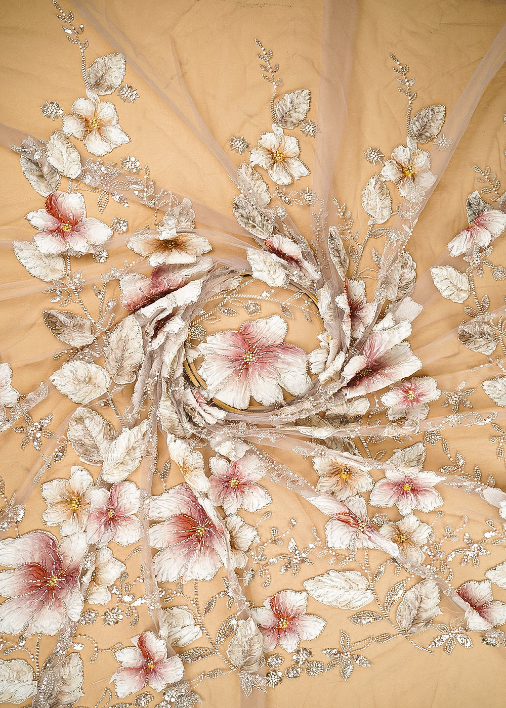 Dusky Pink Imported Net Fabric With All Over Sequins, Bead, Katdana And Ribbon Work 22103