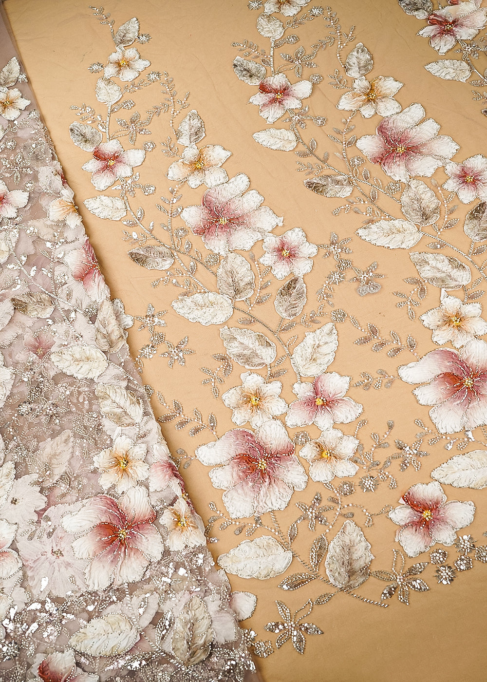 Dusky Pink Imported Net Fabric With All Over Sequins, Bead, Katdana And Ribbon Work 22103