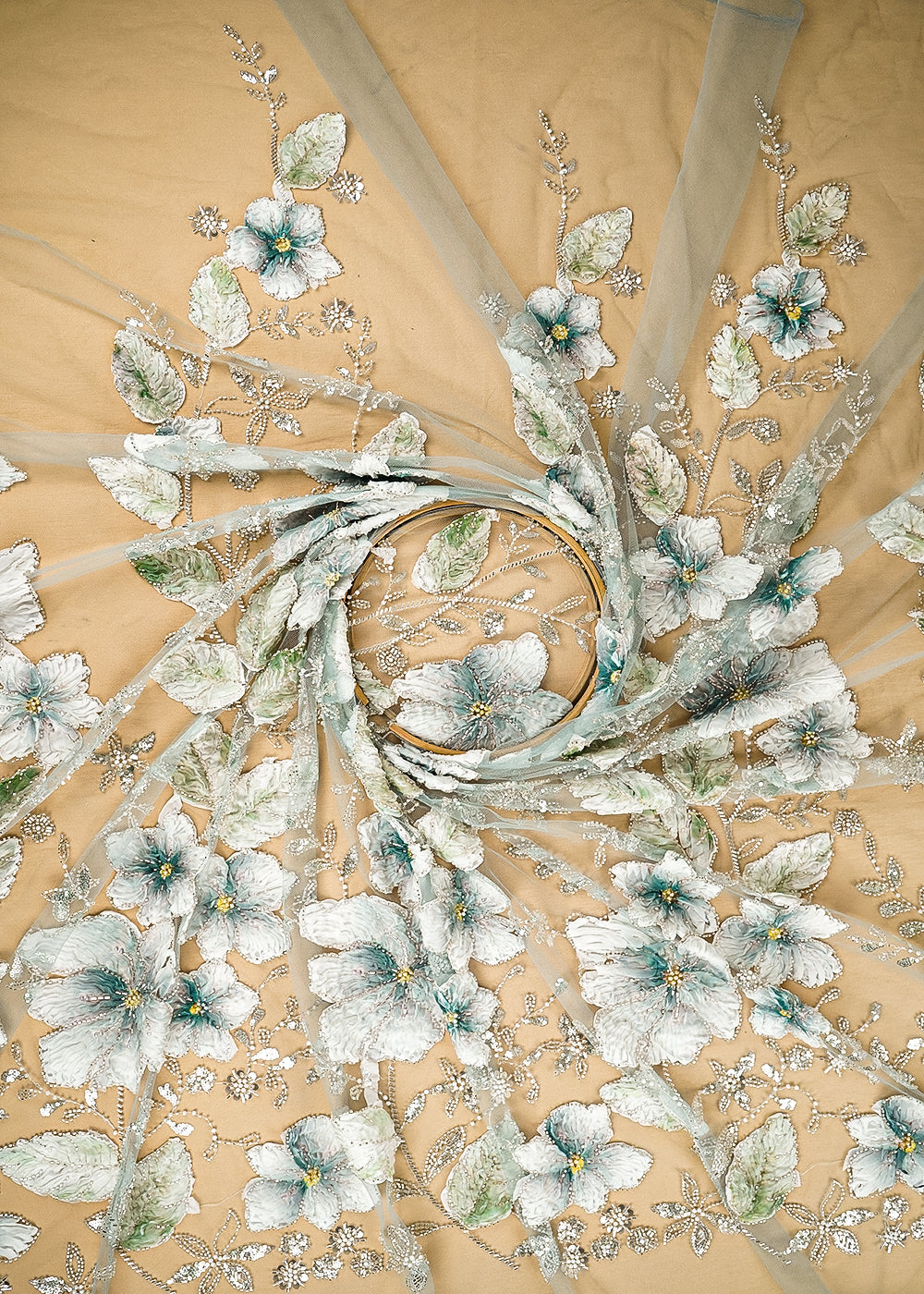 Teal Imported Net Fabric With All Over Sequins, Bead, Katdana And Ribbon Work 22104