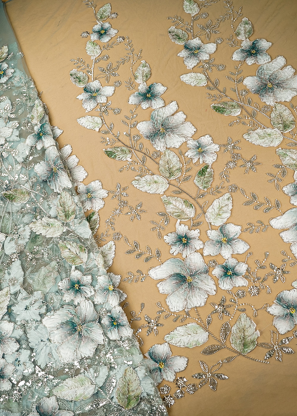 Teal Imported Net Fabric With All Over Sequins, Bead, Katdana And Ribbon Work 22104