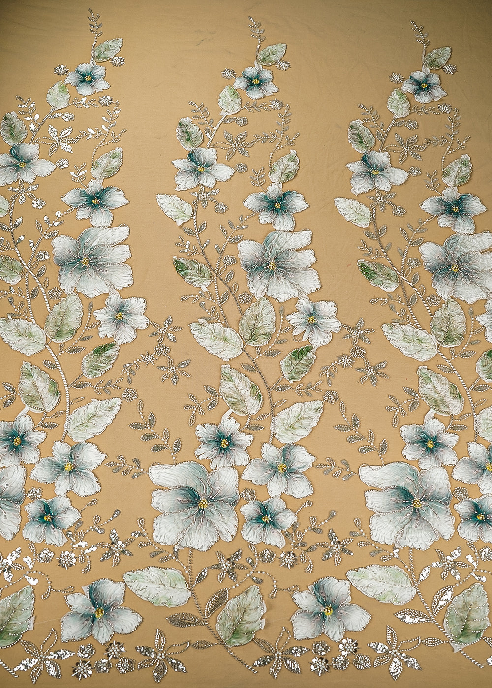 Teal Imported Net Fabric With All Over Sequins, Bead, Katdana And Ribbon Work 22104